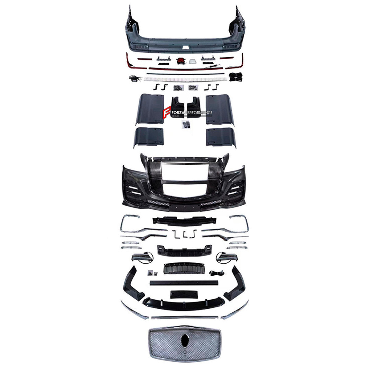 BODY KIT for MERCEDES BENZ SPRINTER W906 FACELIFT 2014 - 2018 FORZA PERFORMANCE BL Style
Set includes:

Front Lip
Front Bumper Assembly
Front Grille
License Plate
Side Skirts
Rear Bumper Assembly
Material: Plastic

NOTE: Professional installation is required