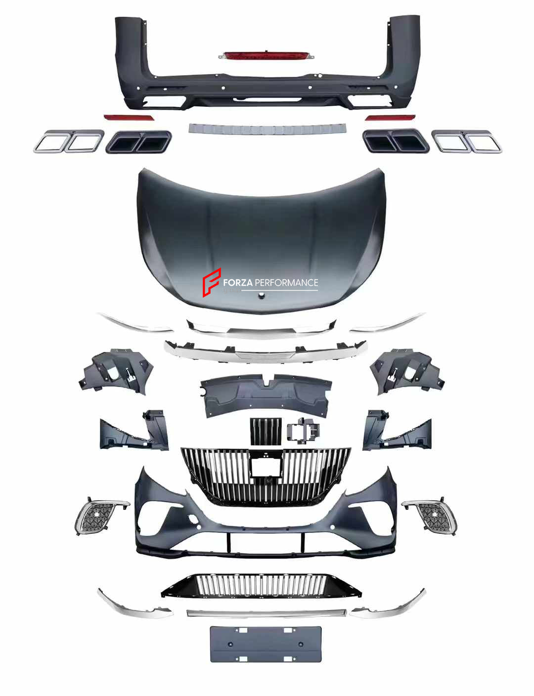 BODY KIT for MERCEDES-BENZ V-CLASS VITO W447 2024

Set includes:

Front Bumper Assembly
Grille
Hood
Side Mirror Covers
Rear Bumper Assembly
Exhaust Tips

Material: Plastic

Note: Professional installation is required.