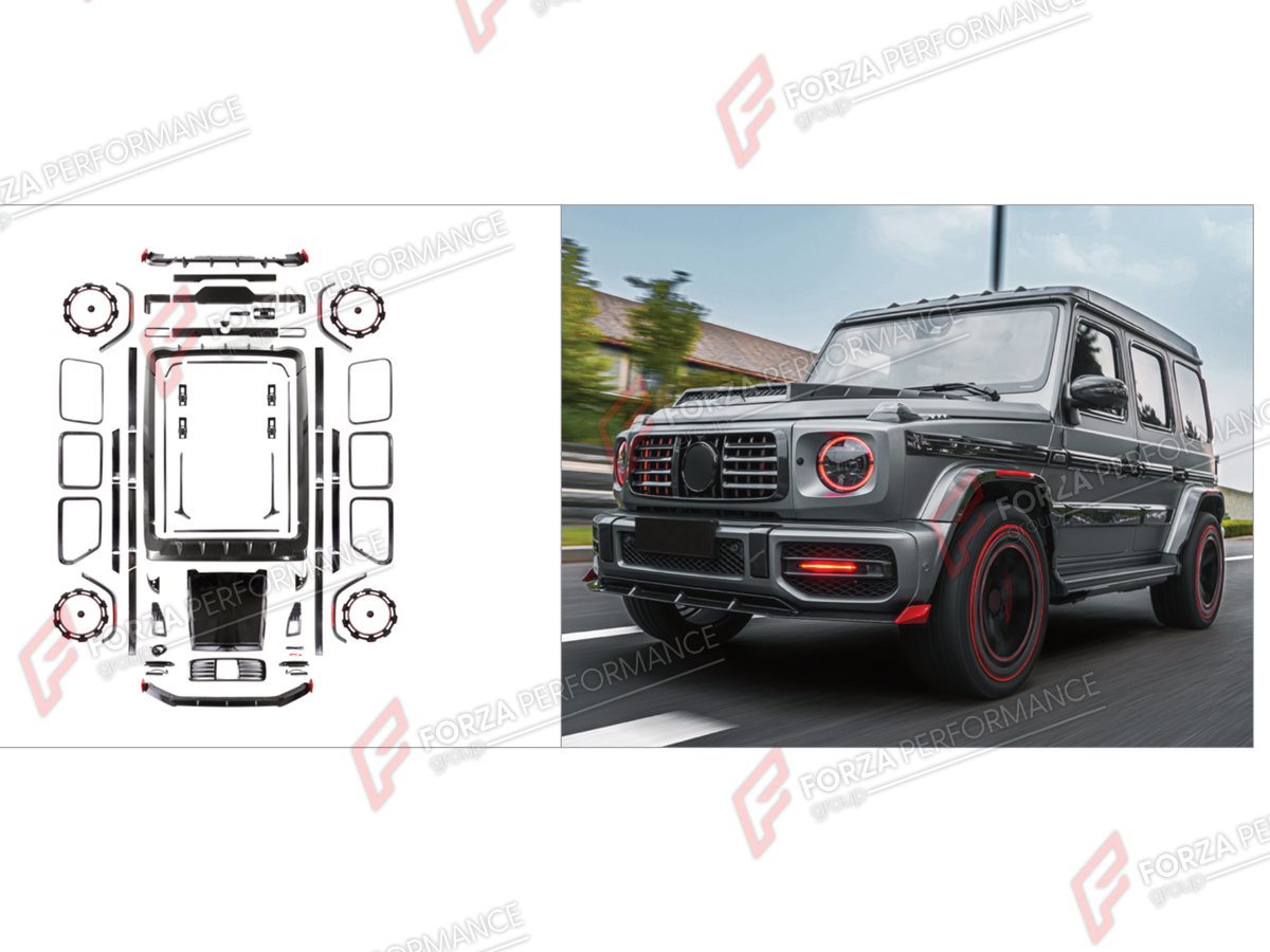 BODY KIT for MERCEDES-BENZ G-CLASS W464 2019 - 2024 FORZA PERFORMANCE custom fit B11 Mech Series I
Set includes:

Front Lip
Front Bumper Assembly
Front Grille
Front Fender Flares
Hood Bonnet
Roof Light Bar
Window Frames
Side Skirts
Body Side Door Moldings
Rear Fender Flares
Rear Diffuser
Rear Bumper Assembly
Material: Plastic

NOTE: Professional installation is required.