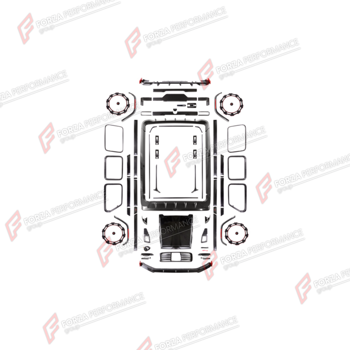 BODY KIT for MERCEDES-BENZ G-CLASS W464 2019 - 2024 FORZA PERFORMANCE custom fit B11 Mech Series I
Set includes:

Front Lip
Front Bumper Assembly
Front Grille
Front Fender Flares
Hood Bonnet
Roof Light Bar
Window Frames
Side Skirts
Body Side Door Moldings
Rear Fender Flares
Rear Diffuser
Rear Bumper Assembly
Material: Plastic

NOTE: Professional installation is required.