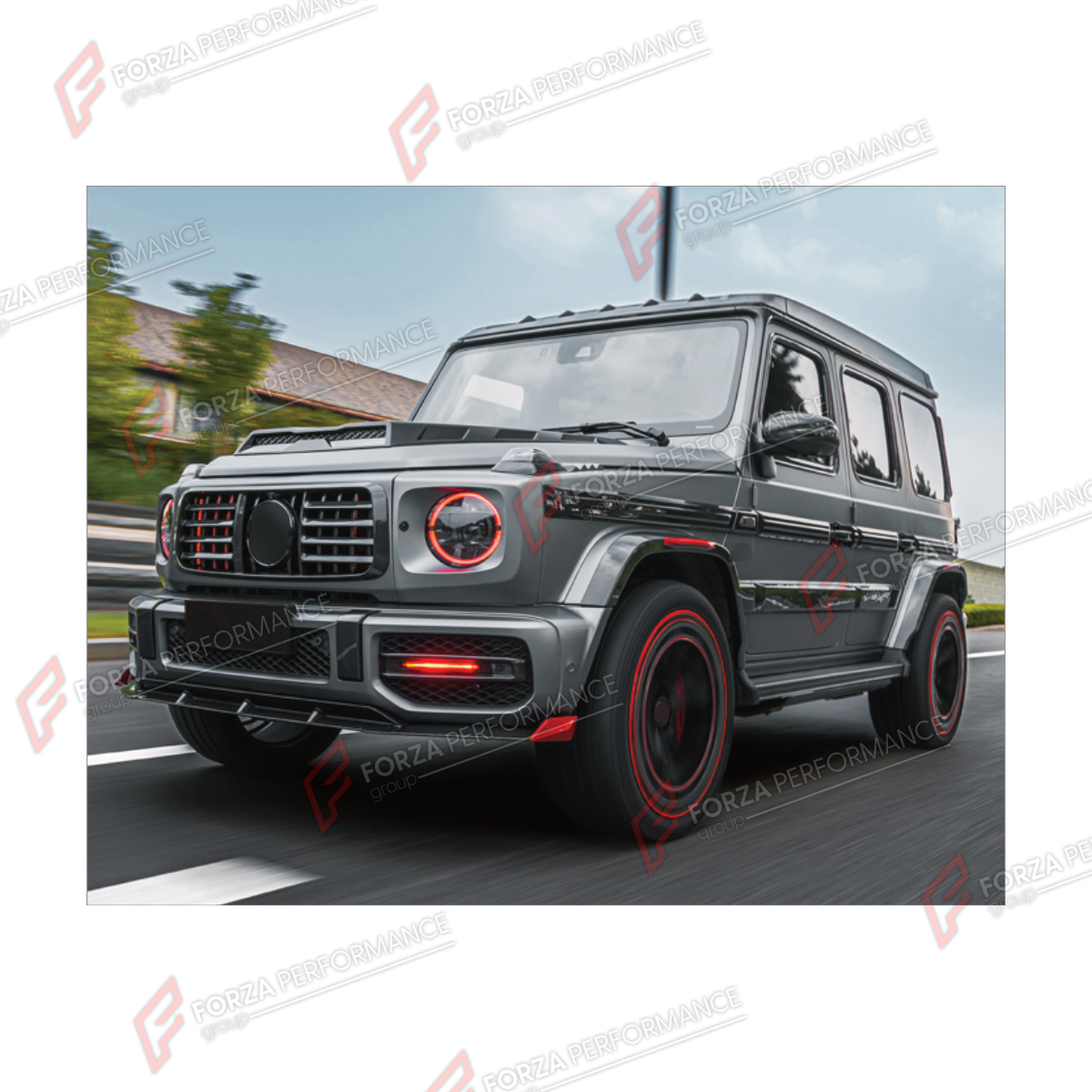 BODY KIT for MERCEDES-BENZ G-CLASS W464 2019 - 2024 FORZA PERFORMANCE custom fit B11 Mech Series I
Set includes:

Front Lip
Front Bumper Assembly
Front Grille
Front Fender Flares
Hood Bonnet
Roof Light Bar
Window Frames
Side Skirts
Body Side Door Moldings
Rear Fender Flares
Rear Diffuser
Rear Bumper Assembly
Material: Plastic

NOTE: Professional installation is required.