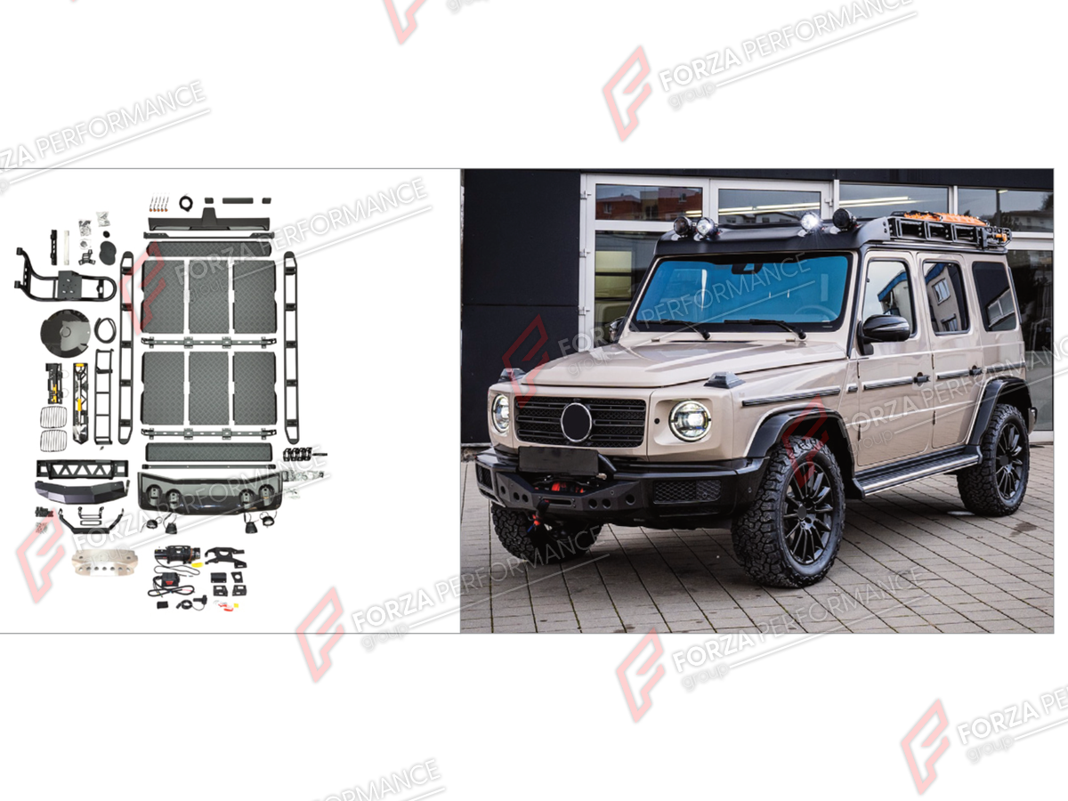 BODY KIT for MERCEDES-BENZ G-CLASS W464 G63 G500 G400D G350D 4x4 2019 - 2024 FORZA PERFORMANCE custom fit 4X4 Professional Off Road Edition Set
Set includes:

Front Winch
Front Skid Plate
Roof Light Bar
Spare Wheel Tire Cover
Roof Rack Bar Luggage
Spade Shovel Holder For Roof Rack Bar Luggage
Hatchet Axe Holder For Roof Rack Bar Luggage
Material: Plastic

NOTE: Professional installation is required.