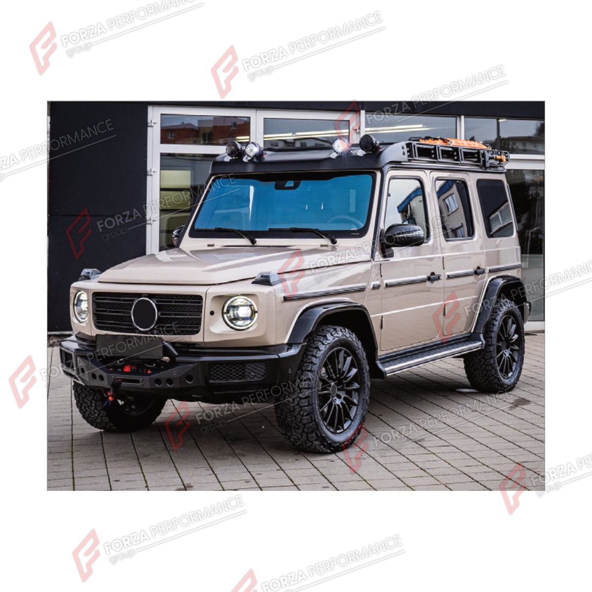 BODY KIT for MERCEDES-BENZ G-CLASS W464 G63 G500 G400D G350D 4x4 2019 - 2024 FORZA PERFORMANCE custom fit 4X4 Professional Off Road Edition Set
Set includes:

Front Winch
Front Skid Plate
Roof Light Bar
Spare Wheel Tire Cover
Roof Rack Bar Luggage
Spade Shovel Holder For Roof Rack Bar Luggage
Hatchet Axe Holder For Roof Rack Bar Luggage
Material: Plastic

NOTE: Professional installation is required.