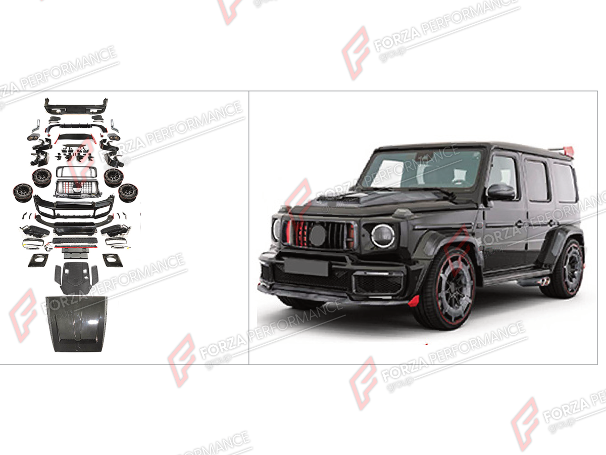 BODY KIT for MERCEDES-BENZ G-CLASS W464 G500 2019 - 2024 FORZA PERFORMANCE custom fit B900 ROCKET
Set includes:

Front Lip
Front Bumper Assembly
Front Grille
License Plate
Hood Bonnet
Front Fenders
Rear Fenders
Rear Spoiler Wing
Rear Diffuser
Rear Bumper Assembly
Exhaust Tips
Forged Wheels Rims
Material: Plastic

NOTE: Professional installation is required.