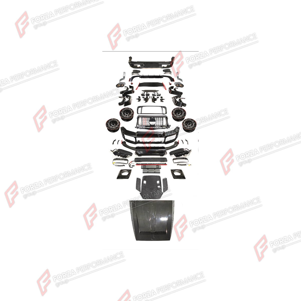 BODY KIT for MERCEDES-BENZ G-CLASS W464 G500 2019 - 2024 FORZA PERFORMANCE custom fit B900 ROCKET
Set includes:

Front Lip
Front Bumper Assembly
Front Grille
License Plate
Hood Bonnet
Front Fenders
Rear Fenders
Rear Spoiler Wing
Rear Diffuser
Rear Bumper Assembly
Exhaust Tips
Forged Wheels Rims
Material: Plastic

NOTE: Professional installation is required.