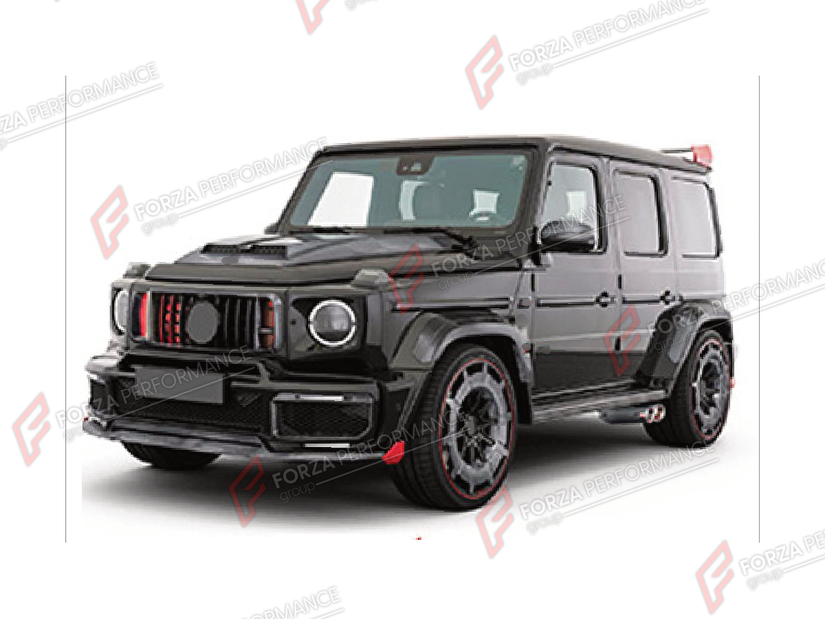 BODY KIT for MERCEDES-BENZ G-CLASS W464 G500 2019 - 2024 FORZA PERFORMANCE custom fit B900 ROCKET
Set includes:

Front Lip
Front Bumper Assembly
Front Grille
License Plate
Hood Bonnet
Front Fenders
Rear Fenders
Rear Spoiler Wing
Rear Diffuser
Rear Bumper Assembly
Exhaust Tips
Forged Wheels Rims
Material: Plastic

NOTE: Professional installation is required.
