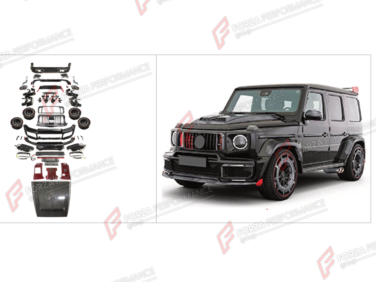 BODY KIT for Mercedes-Benz G-Class W464 G63 2019 - 2024
Set includes:

Front Lip
Front Bumper Assembly
Front Grille
License Plate
Hood Bonnet
Front Fenders
Rear Fenders
Rear Spoiler Wing
Rear Diffuser
Rear Bumper Assembly
Exhaust Tips
Forged Wheels Rims
Material: Plastic

NOTE: Professional installation is required.