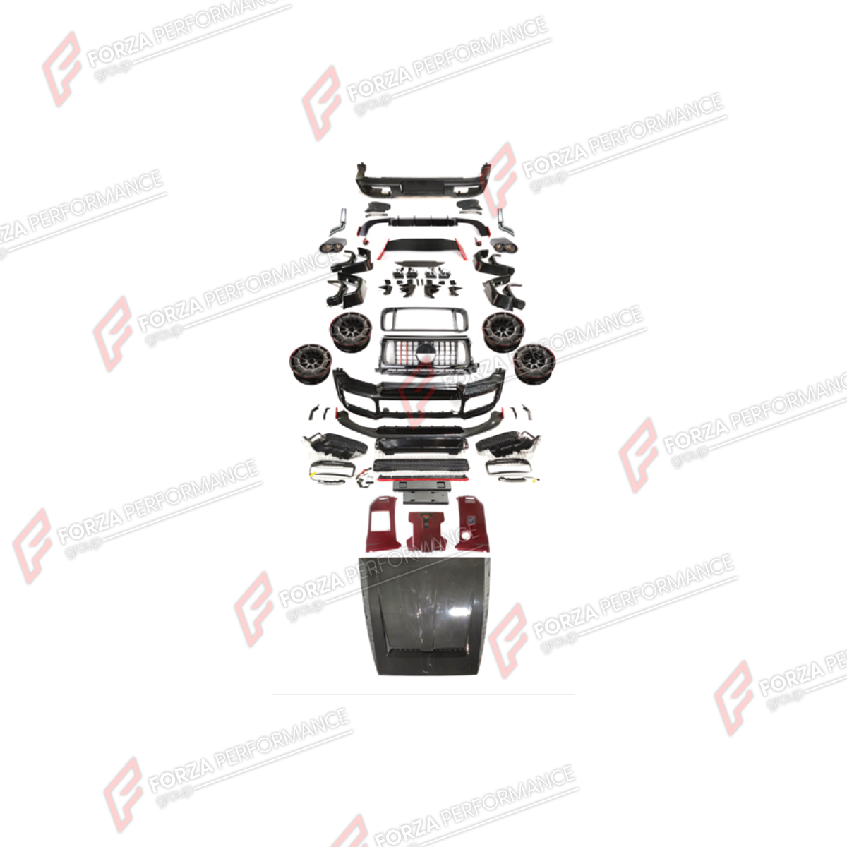 BODY KIT for Mercedes-Benz G-Class W464 G63 2019 - 2024
Set includes:

Front Lip
Front Bumper Assembly
Front Grille
License Plate
Hood Bonnet
Front Fenders
Rear Fenders
Rear Spoiler Wing
Rear Diffuser
Rear Bumper Assembly
Exhaust Tips
Forged Wheels Rims
Material: Plastic

NOTE: Professional installation is required.