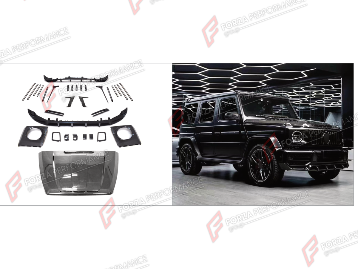 BODY KIT for MERCEDES-BENZ G-CLASS W464 G63 2019 - 2024 FORZA PERFORMANCE custom fit Shark Style
Set includes:

Front Lip
Front Bumper Assembly
Hood Bonnet
Body Side Door Moldings
Rear Diffuser
Material: Plastic

NOTE: Professional installation is required.