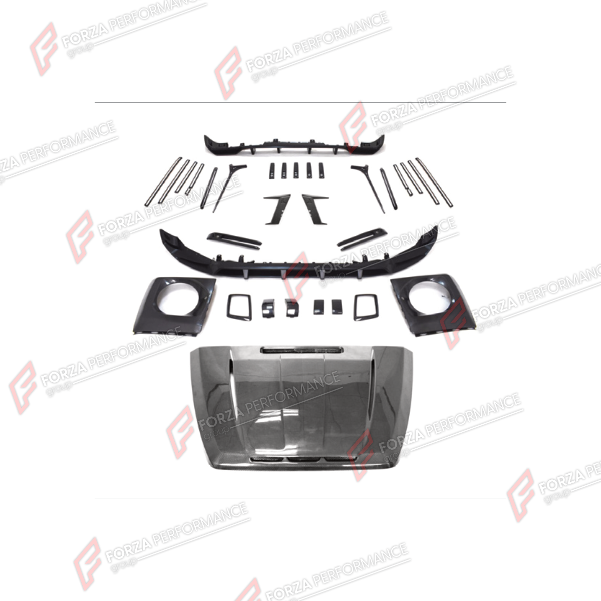 BODY KIT for MERCEDES-BENZ G-CLASS W464 G63 2019 - 2024 FORZA PERFORMANCE custom fit Shark Style
Set includes:

Front Lip
Front Bumper Assembly
Hood Bonnet
Body Side Door Moldings
Rear Diffuser
Material: Plastic

NOTE: Professional installation is required.
