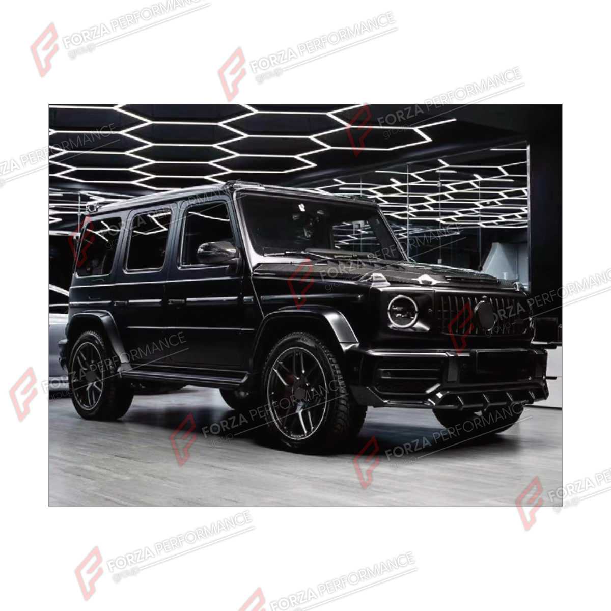 BODY KIT for MERCEDES-BENZ G-CLASS W464 G63 2019 - 2024 FORZA PERFORMANCE custom fit Shark Style
Set includes:

Front Lip
Front Bumper Assembly
Hood Bonnet
Body Side Door Moldings
Rear Diffuser
Material: Plastic

NOTE: Professional installation is required.