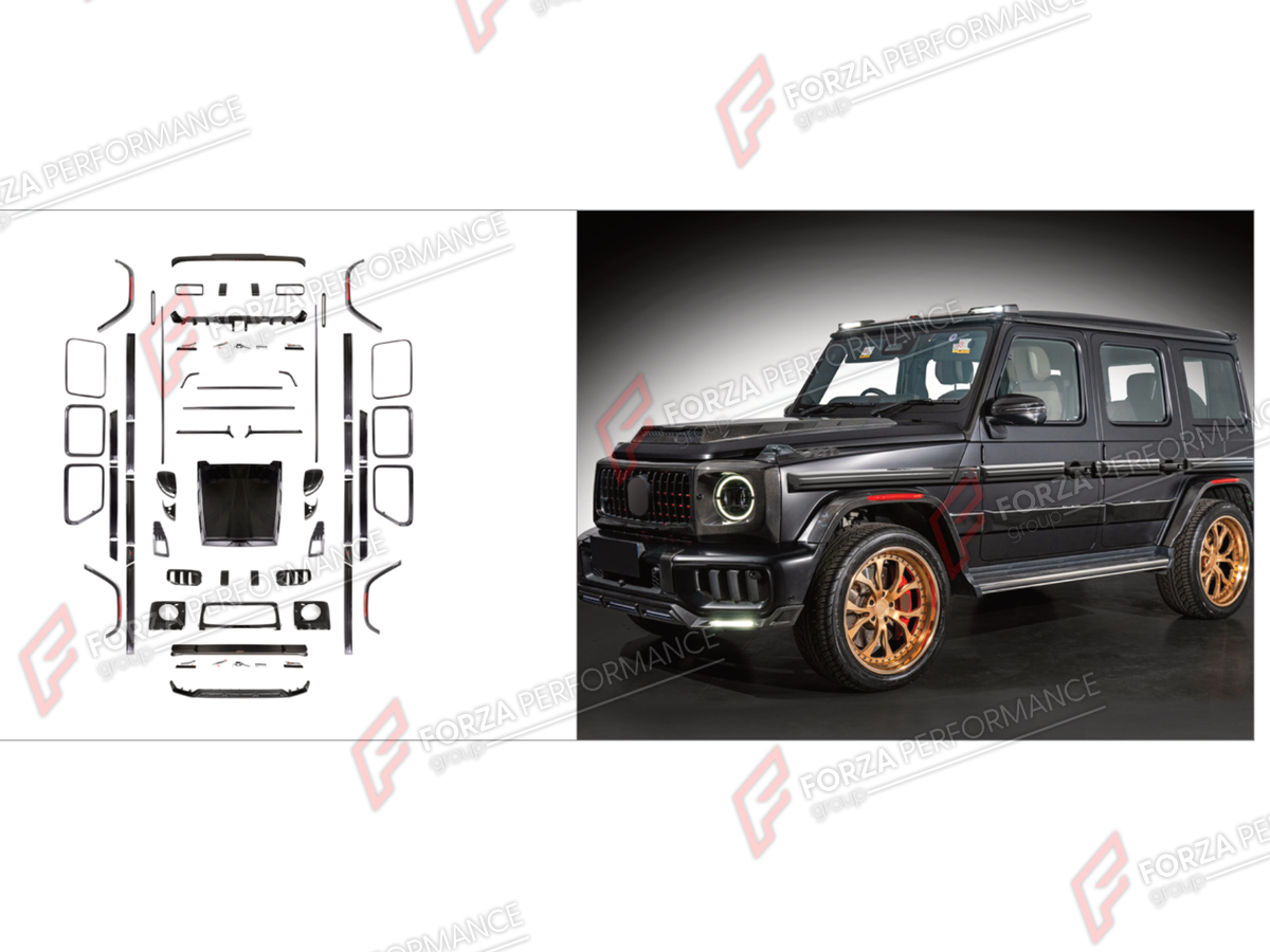 BODY KIT for MERCEDES-BENZ G-CLASS W465 G63 G450D G500 G550 2025+ FORZA PERFORMANCE custom fit MECHSERIES ROWEN
Set includes:

Front Lip
Front Bumper Assembly
Hood Bonnet
Front Fender Flares
Roof Light Bar
Side Mirror Covers
Side Skirts
Body Side Door Moldings
Window Frames
Rear Diffuser
Rear Bumper Assembly
Material: Plastic

NOTE: Professional installation is required.