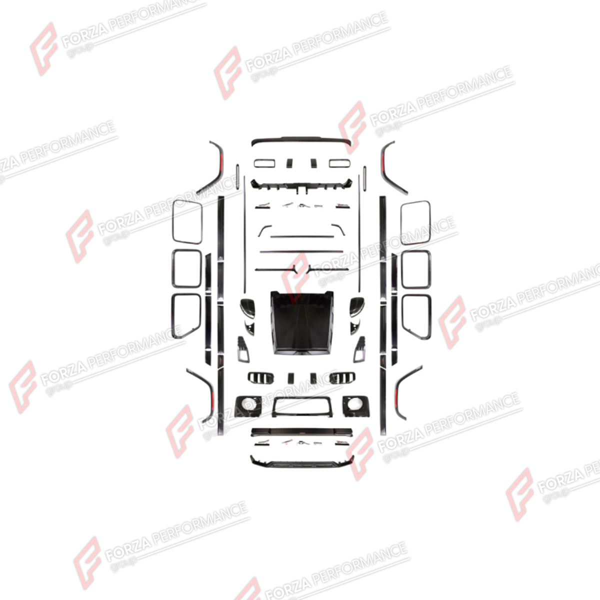 BODY KIT for MERCEDES-BENZ G-CLASS W465 G63 G450D G500 G550 2025+ FORZA PERFORMANCE custom fit MECHSERIES ROWEN
Set includes:

Front Lip
Front Bumper Assembly
Hood Bonnet
Front Fender Flares
Roof Light Bar
Side Mirror Covers
Side Skirts
Body Side Door Moldings
Window Frames
Rear Diffuser
Rear Bumper Assembly
Material: Plastic

NOTE: Professional installation is required.