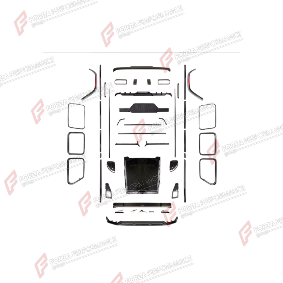 BODY KIT for MERCEDES-BENZ G-CLASS W465 G450D 2025+ FORZA PERFORMANCE custom fit MECHSERIES ROWEN
Set includes:

Front Lip
Hood Bonnet
Roof Light Bar
Side Mirror Covers
Side Skirts
Body Side Door Moldings
Window Frames
Rear Diffuser
Rear Bumper Assembly
Material: Plastic

NOTE: Professional installation is required.
