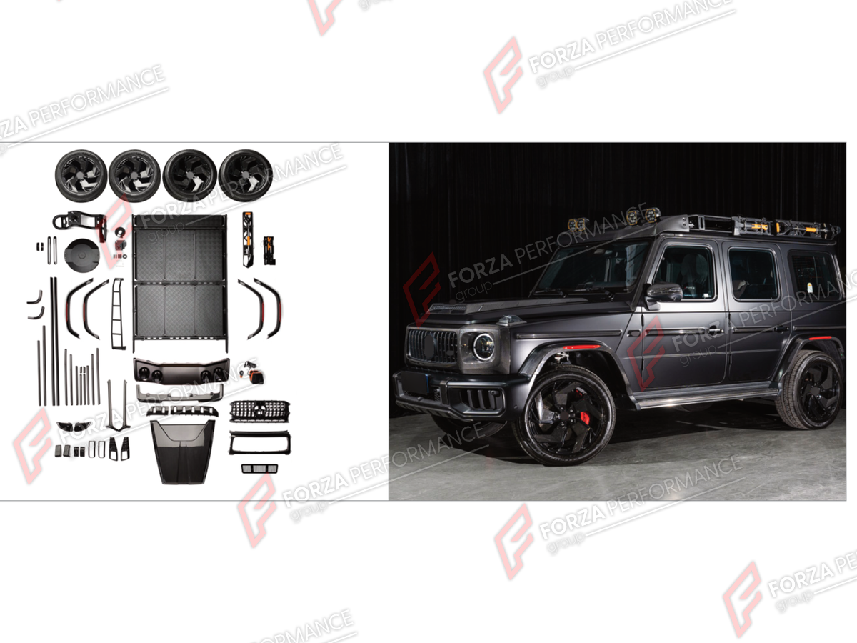 BODY KIT for MERCEDES-BENZ G-CLASS W465 G63 2025+ FORZA PERFORMANCE custom fit Universal Off-Road Kit
Set includes:

Front Lip
Front Bumper Assembly
Front Grille
Hood Bonnet
Roof Light Bar
Front Fender Flares
Side Mirror Covers
Side Skirts
Body Side Door Moldings
Rear Fender Flares
Roof Rack Bar Luggage
Rear Ladder
Spade Shovel Holder
Hatchet Axe Holder
Spare Wheel Tire Cover With Holders
Forged Wheels Rims
Material: Plastic

NOTE: Professional installation is required.