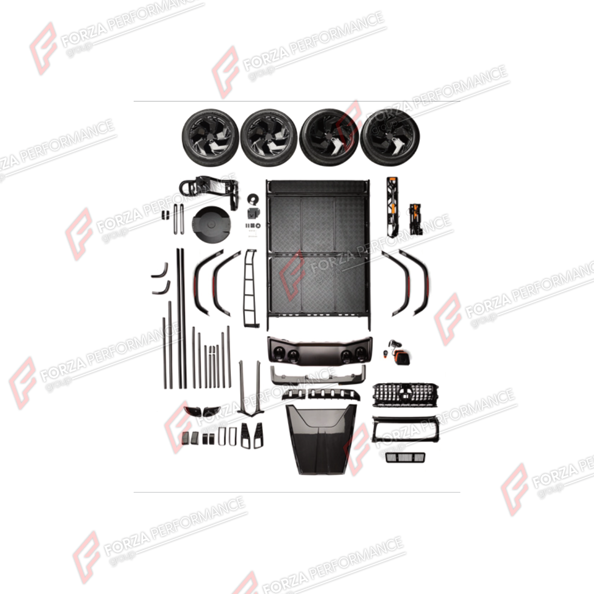 BODY KIT for MERCEDES-BENZ G-CLASS W465 G63 2025+ FORZA PERFORMANCE custom fit Universal Off-Road Kit
Set includes:

Front Lip
Front Bumper Assembly
Front Grille
Hood Bonnet
Roof Light Bar
Front Fender Flares
Side Mirror Covers
Side Skirts
Body Side Door Moldings
Rear Fender Flares
Roof Rack Bar Luggage
Rear Ladder
Spade Shovel Holder
Hatchet Axe Holder
Spare Wheel Tire Cover With Holders
Forged Wheels Rims
Material: Plastic

NOTE: Professional installation is required.