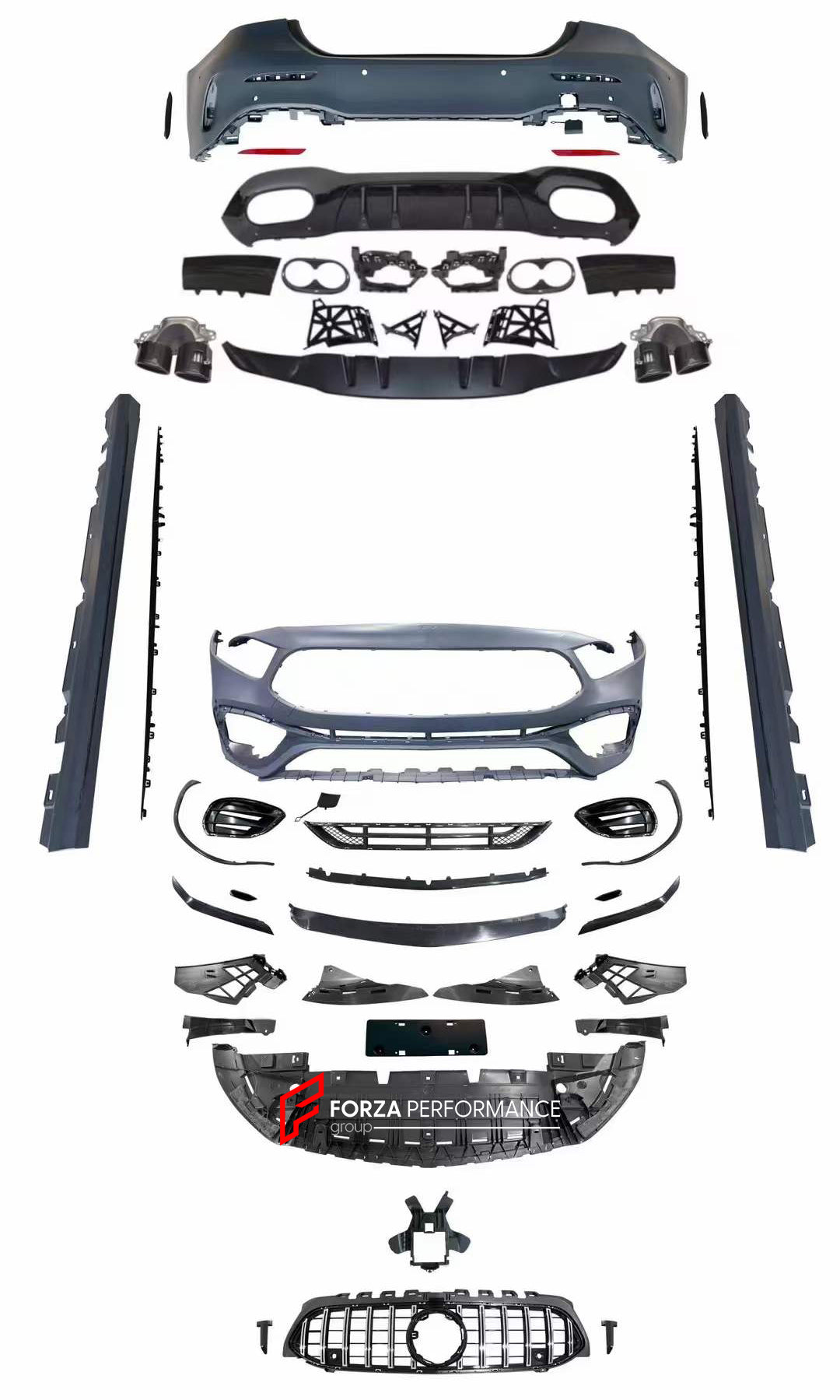 BODY KIT for MERCEDES-BENZ A-CLASS W177 A45 S AMG HATCHBACK 2019+  Set includes:    Front Grille Front Bumper Front Lip Front Bumper Air Vents Front Bumper Add-ons Side Skirts Rear Bumper Rear Diffuser Exhaust Tips