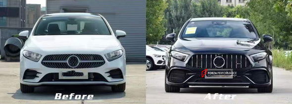 BODY KIT for MERCEDES-BENZ A-CLASS W177 A45 S AMG HATCHBACK 2019+  Set includes:    Front Grille Front Bumper Front Lip Front Bumper Air Vents Front Bumper Add-ons Side Skirts Rear Bumper Rear Diffuser Exhaust Tips
