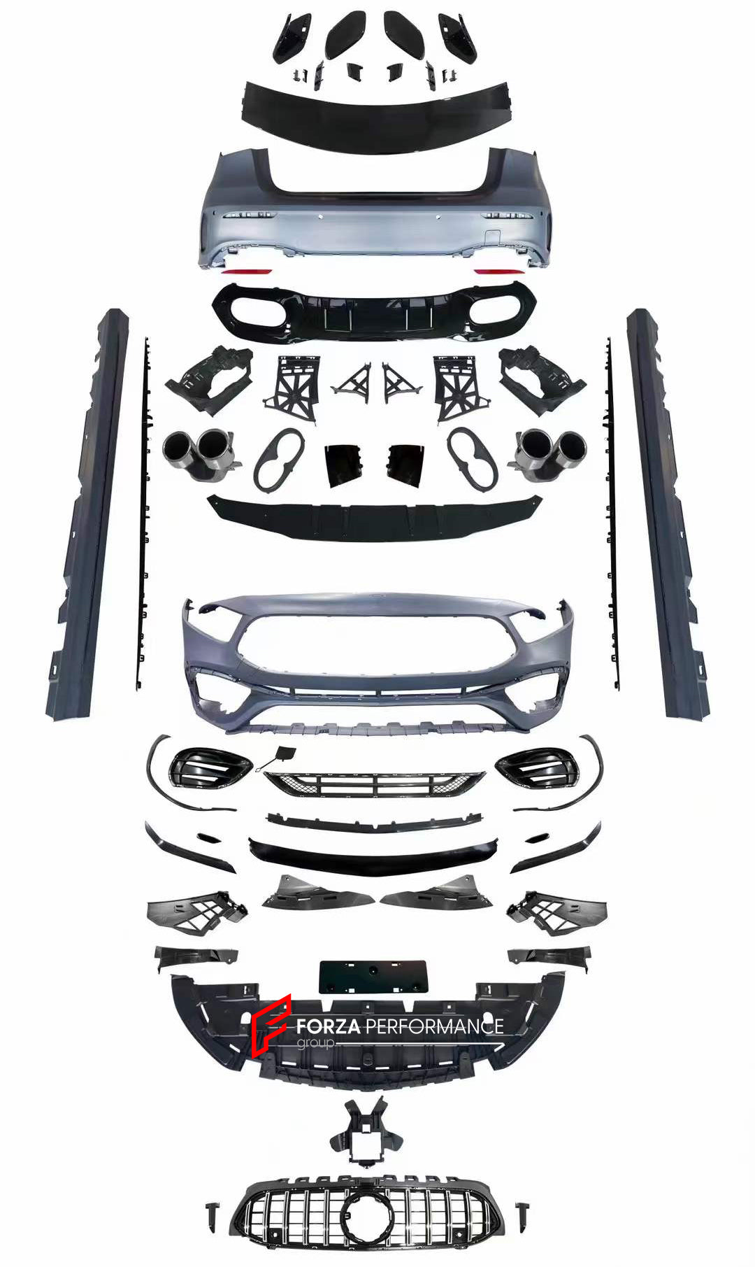 BODY KIT for MERCEDES-BENZ A-CLASS W177 A45 S AMG SEDAN 2019+  Set includes:    Front Grille Front Bumper Front Lip Front Bumper Air Vents Front Bumper Add-ons Side Skirts Rear Bumper Rear Diffuser Exhaust Tips