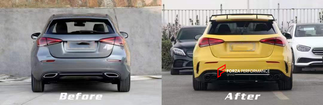 BODY KIT for MERCEDES-BENZ A-CLASS W177 A45 S AMG SEDAN 2019+  Set includes:    Front Grille Front Bumper Front Lip Front Bumper Air Vents Front Bumper Add-ons Side Skirts Rear Bumper Rear Diffuser Exhaust Tips