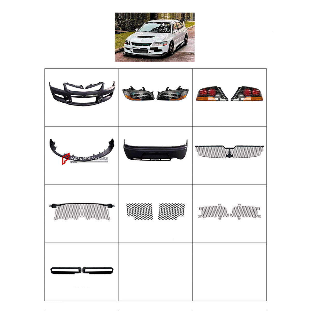 BODY KIT for Mitsubishi Lancer Evolution Ix 2005 - 2007
Set includes:

Front Lip
Front Bumper Assembly
Front Grille
Front Headlights
Tail Lights
Rear Bumper Assembly
Material: Plastic

NOTE: Professional installation is required.