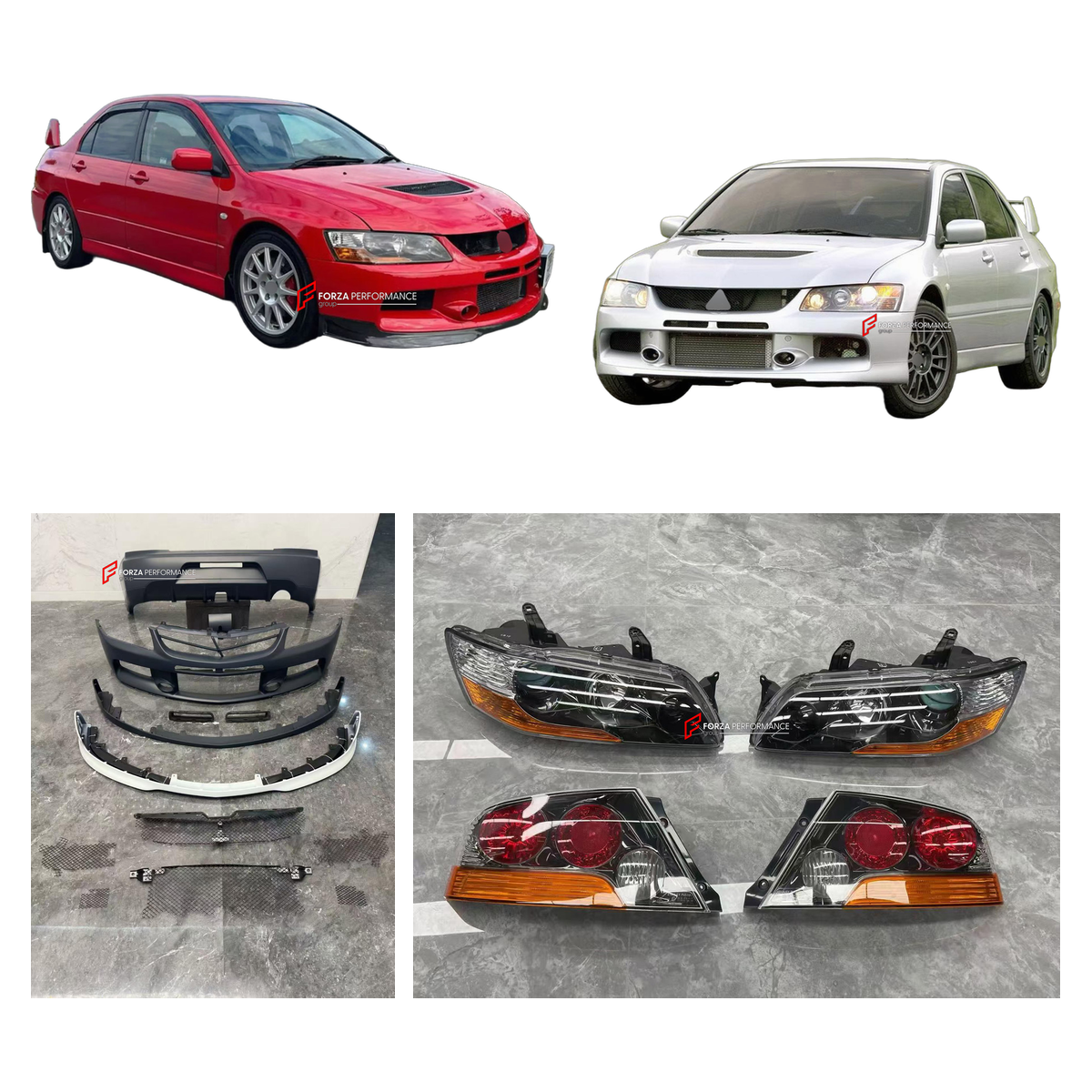 BODY KIT for MITSUBISHI LANCER EVOLUTION IX CT9A 2005 - 2007

Set includes:
Front Lip
Front Bumper
Front Grille
Headlights
Tail Lights
Rear Bumper

Material: Plastic

NOTE: Professional installation is required.