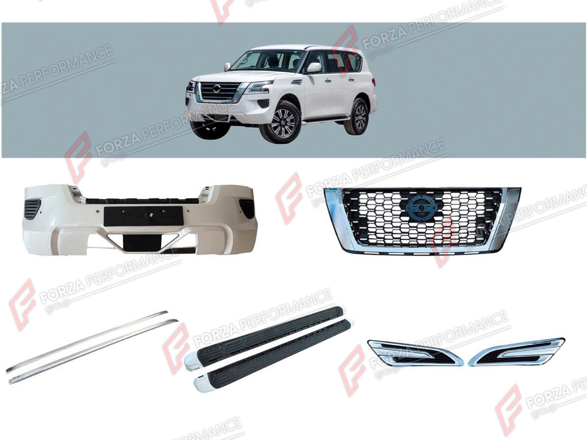 BODY KIT for NISSAN PATROL Y62 FACELIFT 2020+

Set includes:
Front Bumper
Front Grille
Front Fender Trim Covers
Roof Rack Side Rails
Side Steps

Material: Plastic

NOTE: Professional installation is required.