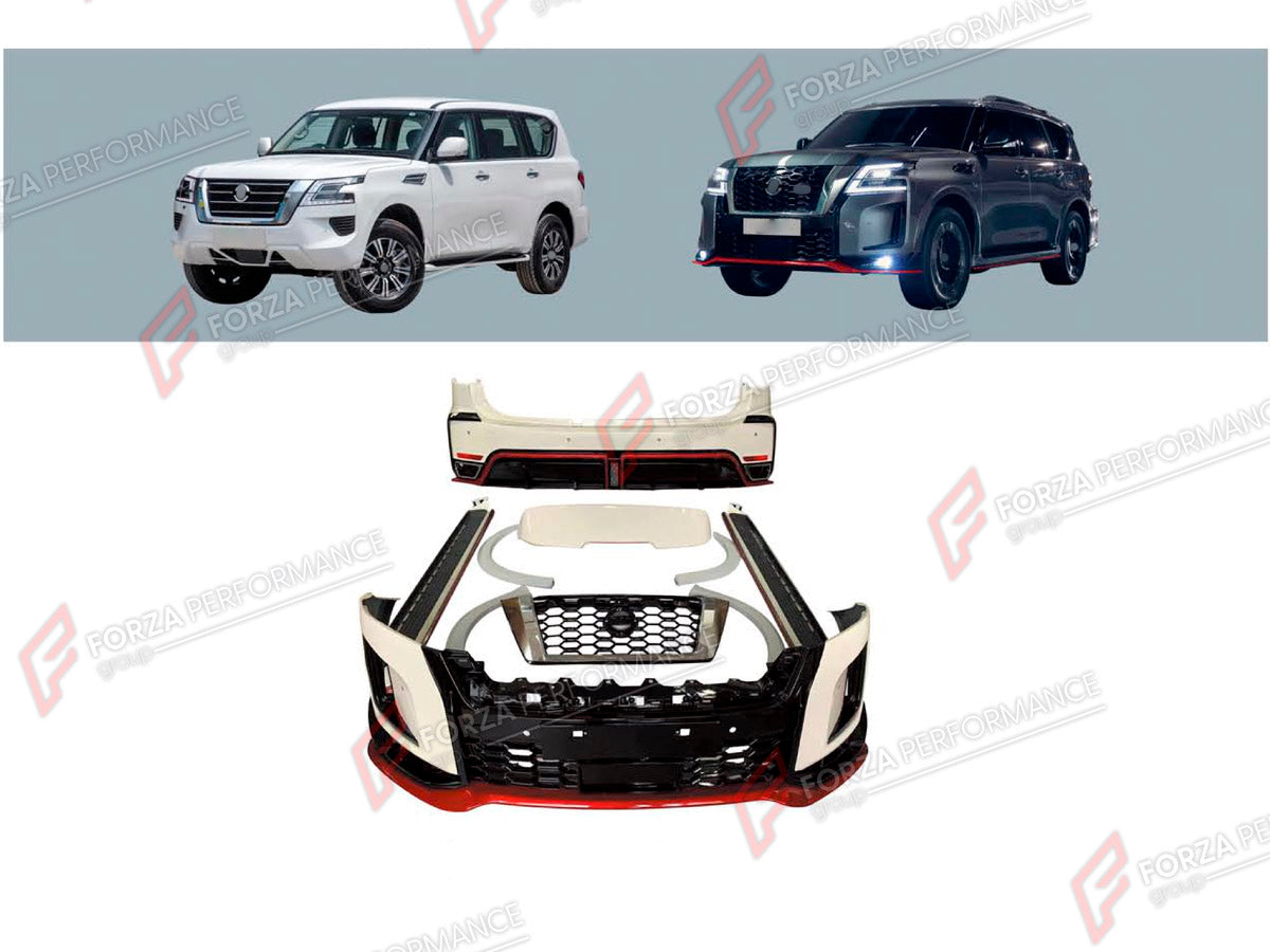 BODY KIT for NISSAN PATROL Y62 FACELIFT 2020+ FORZA PERFORMANCE custom fit NISMO Style

Set includes:
Front Bumper Assembly
Front Grille
Front Fender Flares
Side Skirts
Rear Fender Flares
Rear Bumper Assembly
Rear Diffuser

Material: Plastic

NOTE: Professional installation is required.