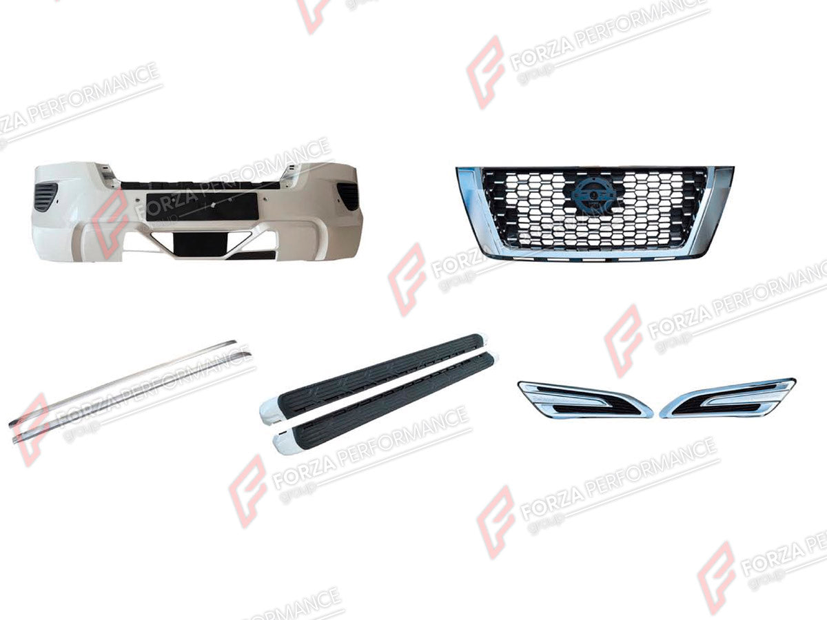 BODY KIT for NISSAN PATROL Y62 FACELIFT 2020+

Set includes:
Front Bumper
Front Grille
Front Fender Trim Covers
Roof Rack Side Rails
Side Steps

Material: Plastic

NOTE: Professional installation is required.