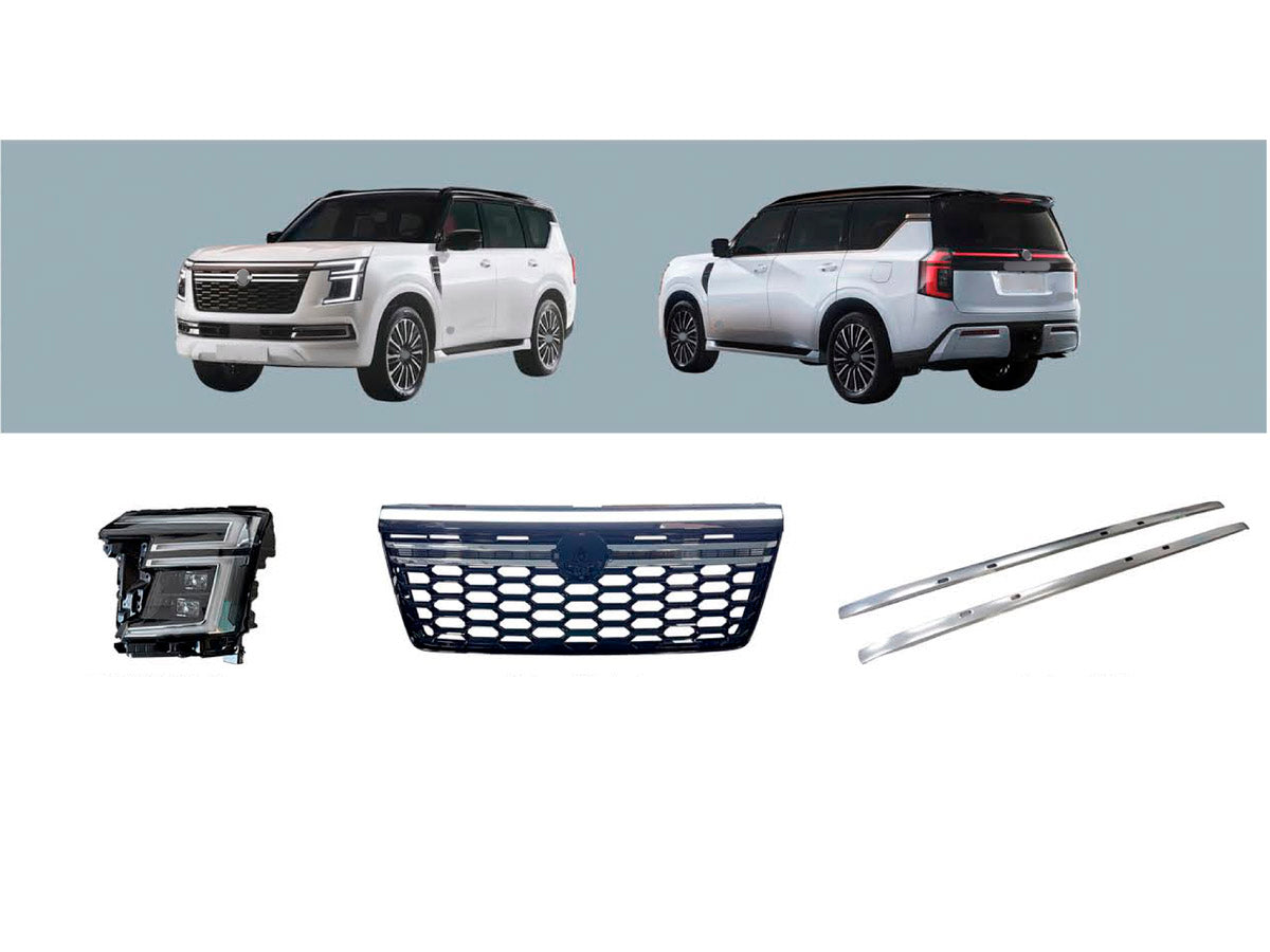 BODY KIT for NISSAN PATROL Y63 2024+

Set includes:
Front Grille
Headlights
Roof Rack Side Rails

Material: Plastic

NOTE: Professional installation is required.
