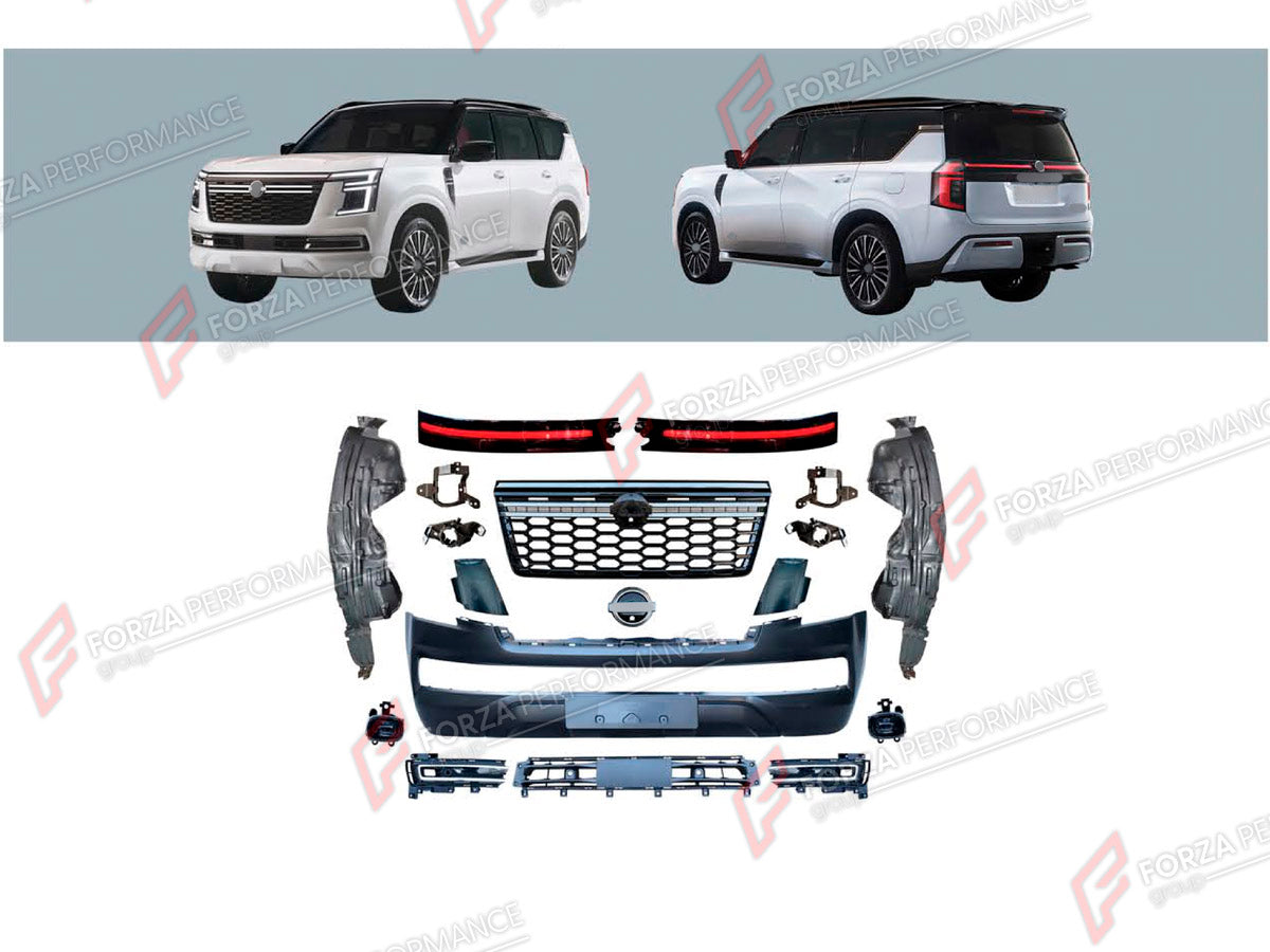 BODY KIT for NISSAN PATROL Y63 2024+

Set includes:
Front Bumper Assembly
Front Grille
Tail Lights

Material: Plastic

NOTE: Professional installation is required.