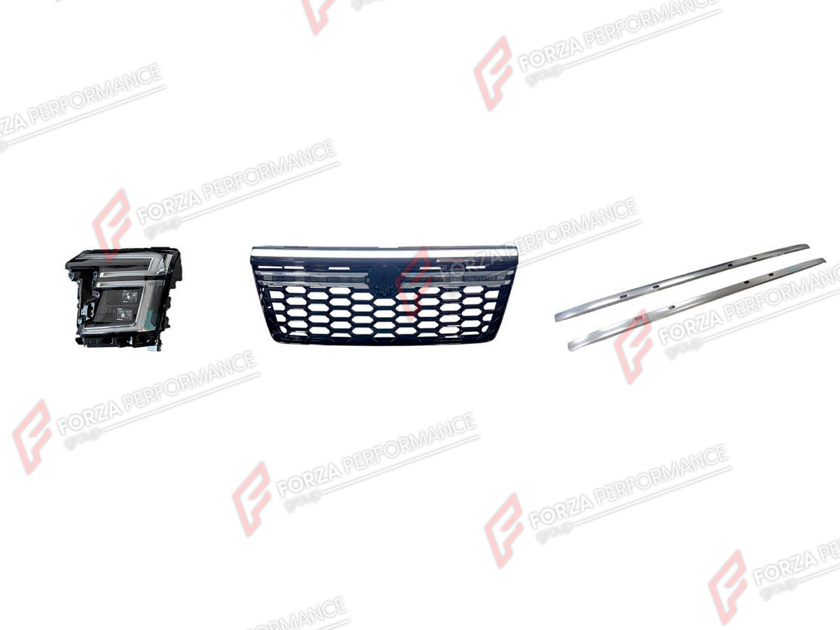 BODY KIT for NISSAN PATROL Y63 2024+

Set includes:
Front Grille
Headlights
Roof Rack Side Rails

Material: Plastic

NOTE: Professional installation is required.