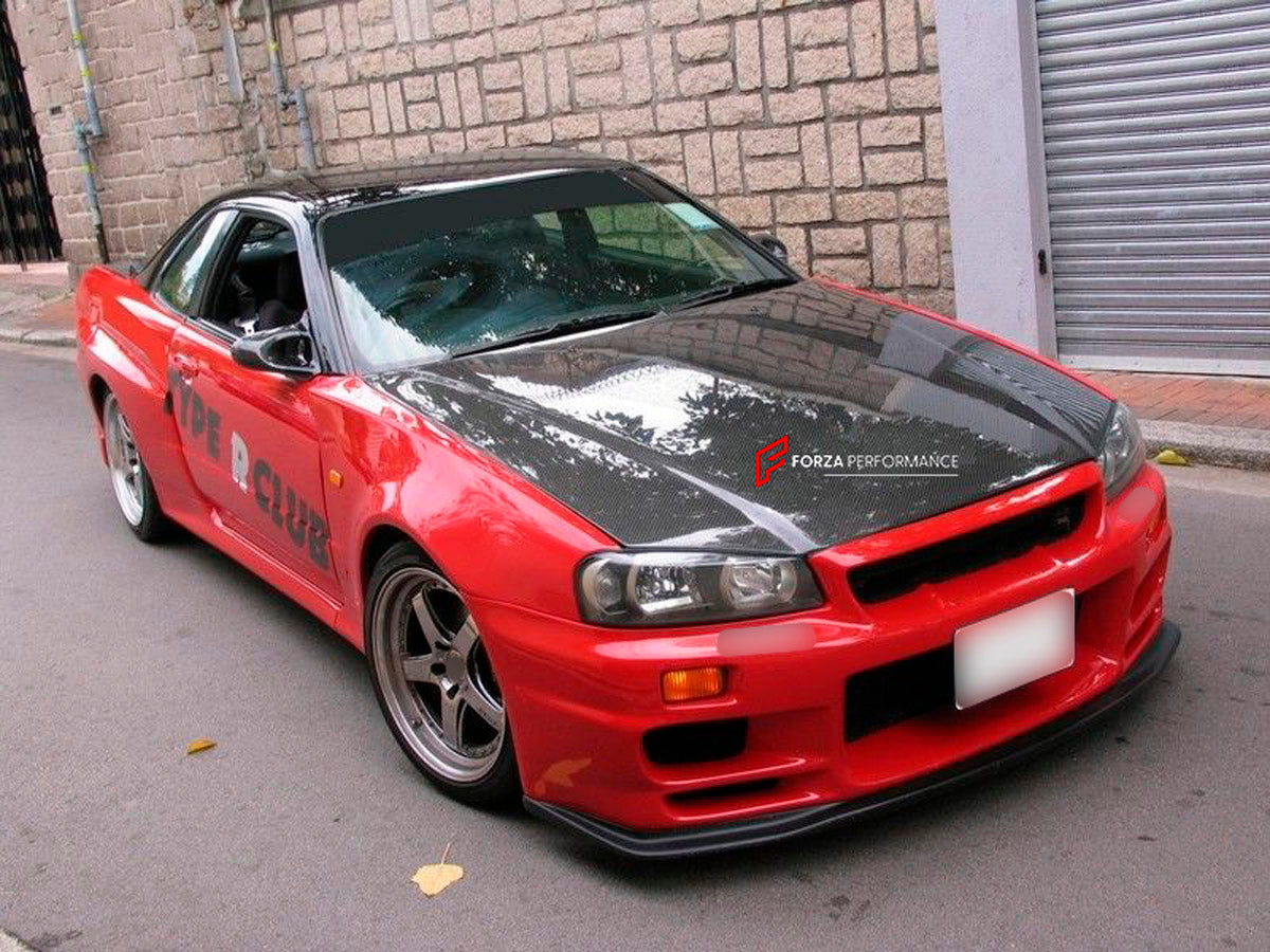 BODY KIT for Nissan R34
Set includes:

Front Hood Bonnet
Front Bumper
Front Spoiler Lip
Front Fender
Side Skirt
Rear Fender
Rear Bumper
NOTE: Professional installation is required.