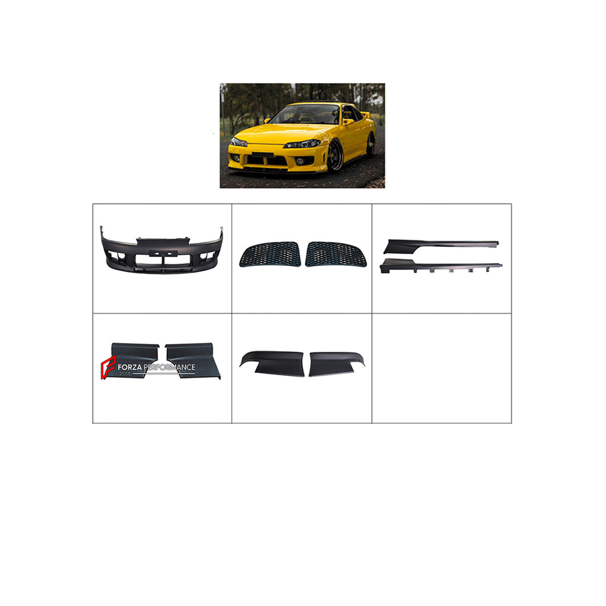 BODY KIT for Nissan Silvia S15 1999 - 2002
Set includes:

Front Bumper Assembly
Front Grille
Body Side Door Moldings
Rear Bumper Assembly
Material: Plastic

NOTE: Professional installation is required.