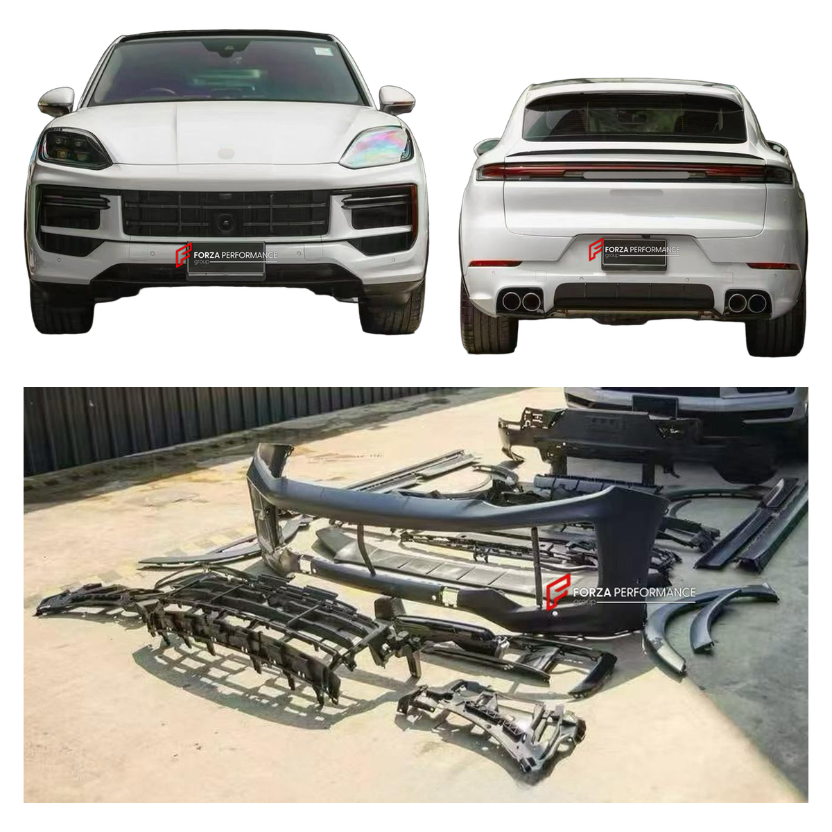 BODY KIT for PORSCHE CAYENNE E4 9Y0.2 2024+ FORZA PERFORMANCE custom fit GTS SportDesign Style

Set includes:
Front Lip
Front Bumper Assembly
Fender Flares
Side Skirts
Ducktail Spoiler
Rear Bumper Assembly
Rear Diffuser

Material: Plastic

NOTE: Professional installation is required.