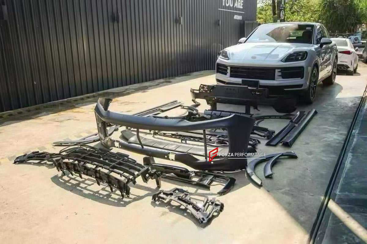 BODY KIT for PORSCHE CAYENNE E4 9Y0.2 2024+ FORZA PERFORMANCE custom fit GTS SportDesign Style

Set includes:
Front Lip
Front Bumper Assembly
Fender Flares
Side Skirts
Ducktail Spoiler
Rear Bumper Assembly
Rear Diffuser

Material: Plastic

NOTE: Professional installation is required.
