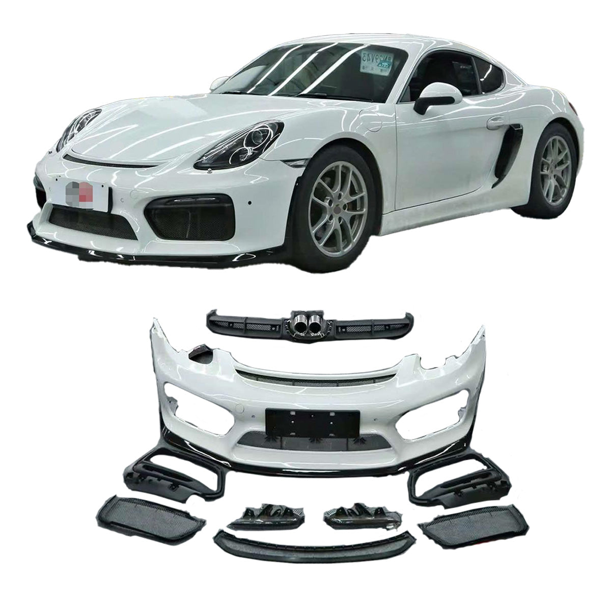 CONVERSION UPGRADE BODY KIT for PORSCHE CAYMAN BOXSTER 981 2013 - 2016 upgrade to GT4

Set includes:

Front Lip
Front Bumper Assembly

Rear Diffuser
Exhaust Tips

Material: Plastic

NOTE: Professional installation is required.