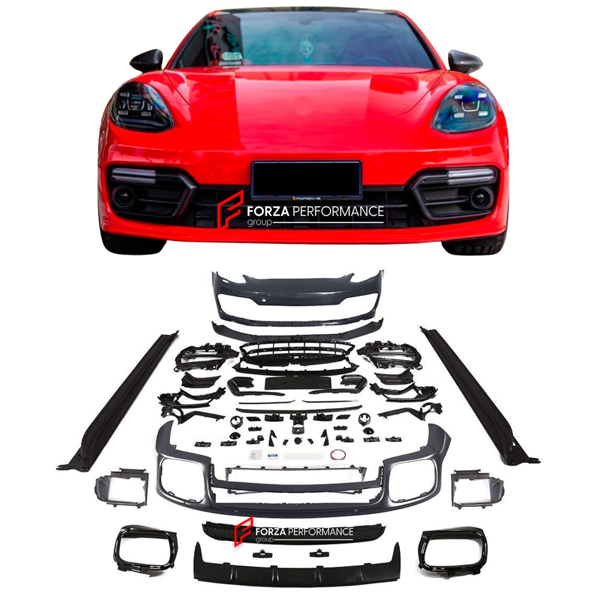 BODY KIT for PORSCHE PANAMERA 971 2017 - 2023

Set includes:

Front Bumper Assembly
Front Lip
Rear Bumper
Side Skirts
Rear Diffuser 

Material: Plastic

NOTE: Professional installation is required. Factory LED DRL must be reused
