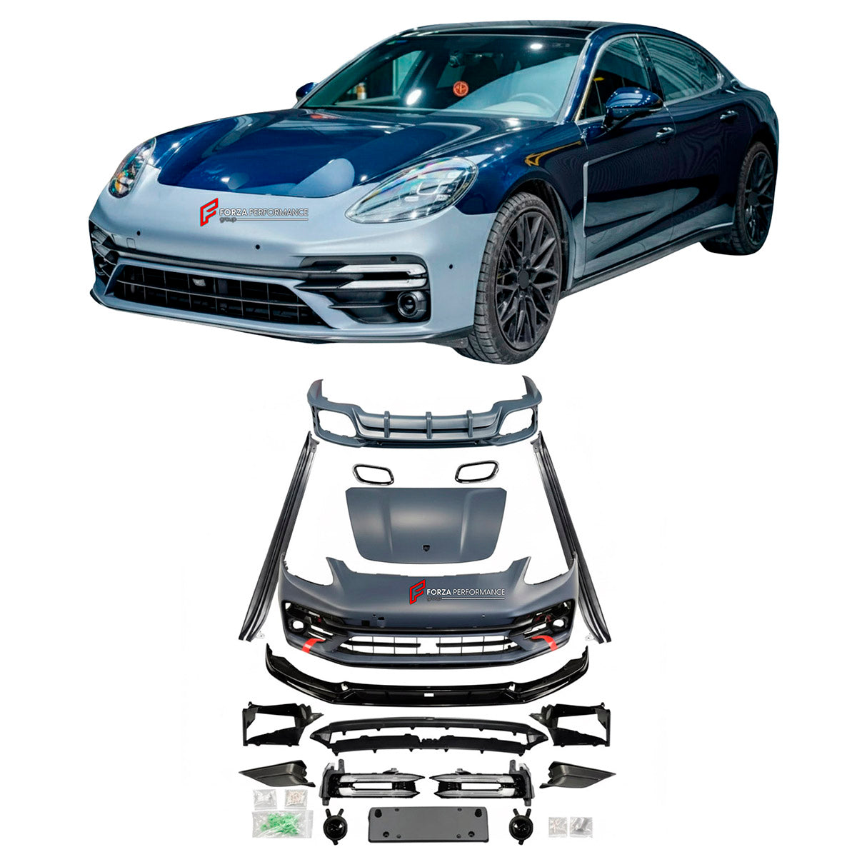 BODY KIT for Porsche Panamera G2 971 2016 - 2020
Set includes:

Front Bumper Assembly
Front Lip
Side Skirts
Rear Diffuser
Material: Plastic

NOTE: Professional installation is required.