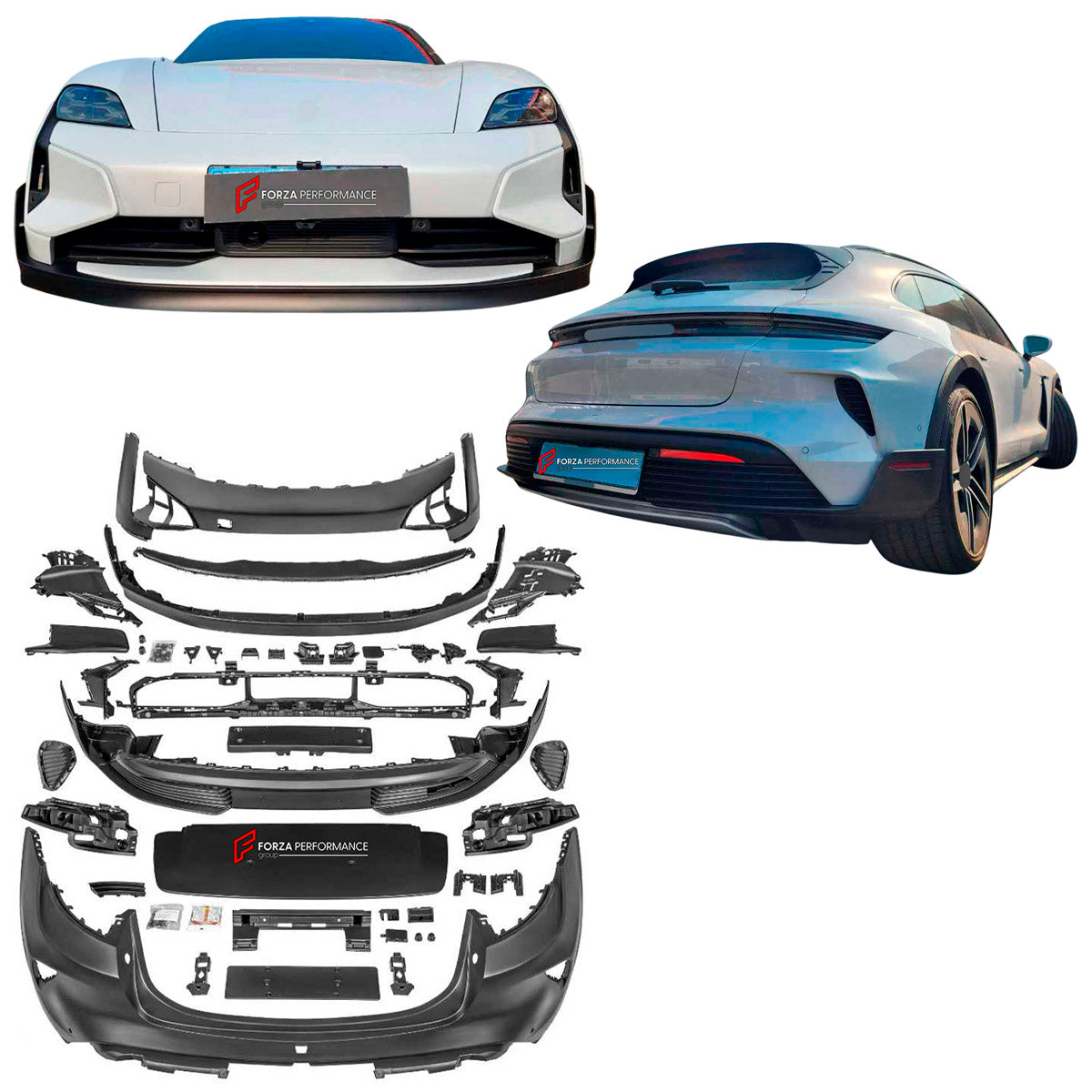 BODY KIT for Porsche Taycan Turbo GT 2024+
Set includes:

Front Bumper Assembly
Front Lip
Roof Spoiler
Rear Bumper Assembly
Rear Diffuser
Material: Plastic

NOTE: Professional installation is required.