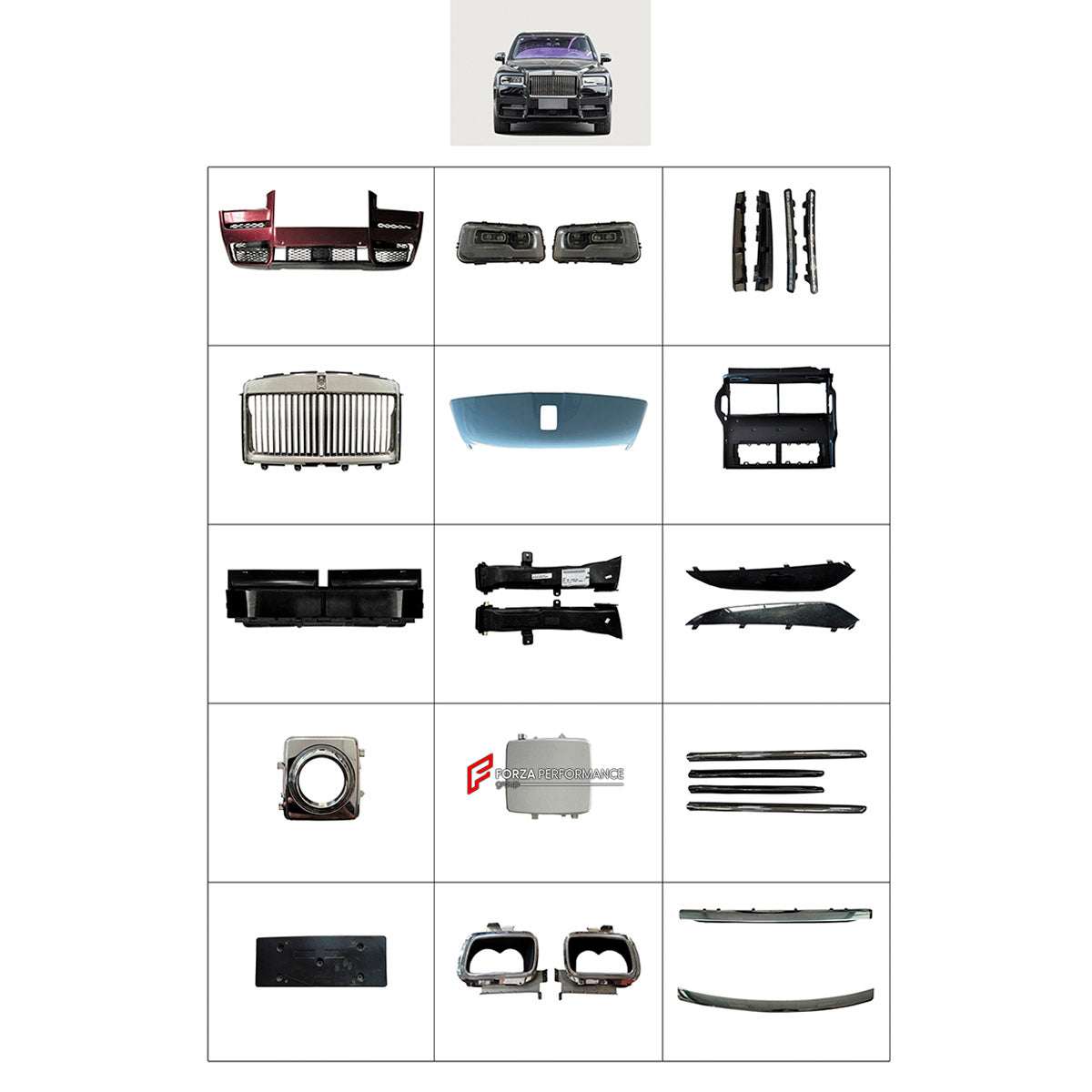 BODY KIT for Rolls-Royce Cullinan 2016 - 2024
Set includes:

Front Bumper Assembly
Front Grille
License Plate
Rear Bumper Assembly
Body Side Door Moldings
Exhaust Tips
Material: Plastic

NOTE: Professional installation is required.