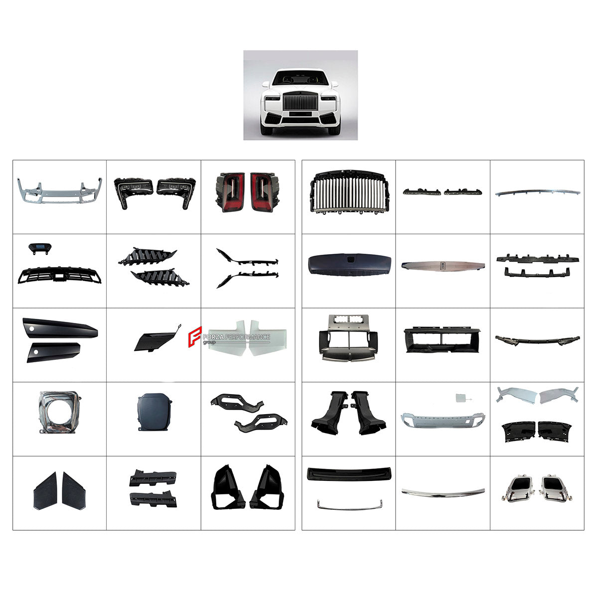 BODY KIT for Rolls-Royce Cullinan 2025+
Set includes:

Front Bumper Assembly
Front Grille
Rear Bumper Assembly
Exhaust Tips
Material: Plastic

NOTE: Professional installation is required.