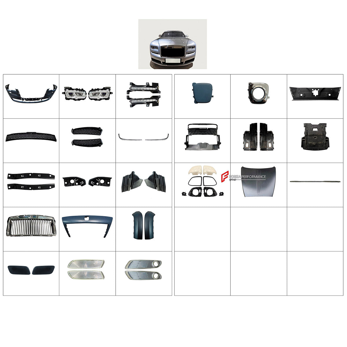 BODY KIT for Rolls-Royce Ghost 2015 - 2018
Set includes:

Front Bumper Assembly
Front Grille
Engine Cover
Hood Bonnet
Fenders
Side Mirror Covers
Material: Plastic

NOTE: Professional installation is required.