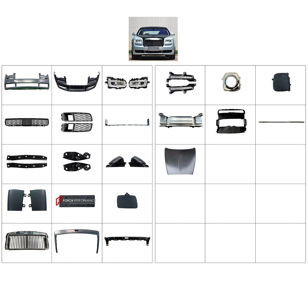 BODY KIT for Rolls-Royce Ghost 2019 - 2020
Set includes:

Front Bumper Assembly
Front Grille
License Plate
Hood Bonnet
Material: Plastic

NOTE: Professional installation is required.