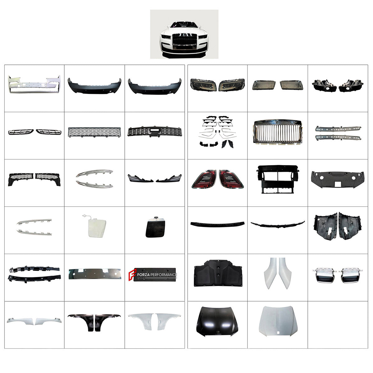BODY KIT for Rolls-Royce Ghost 2021 - 2024
Set includes:

Front Bumper Assembly
Front Grille
License Plate
Engine Cover
Hood Bonnet
Fenders
Rear Bumper Assembly
Exhaust Tips
Material: Plastic

NOTE: Professional installation is required.