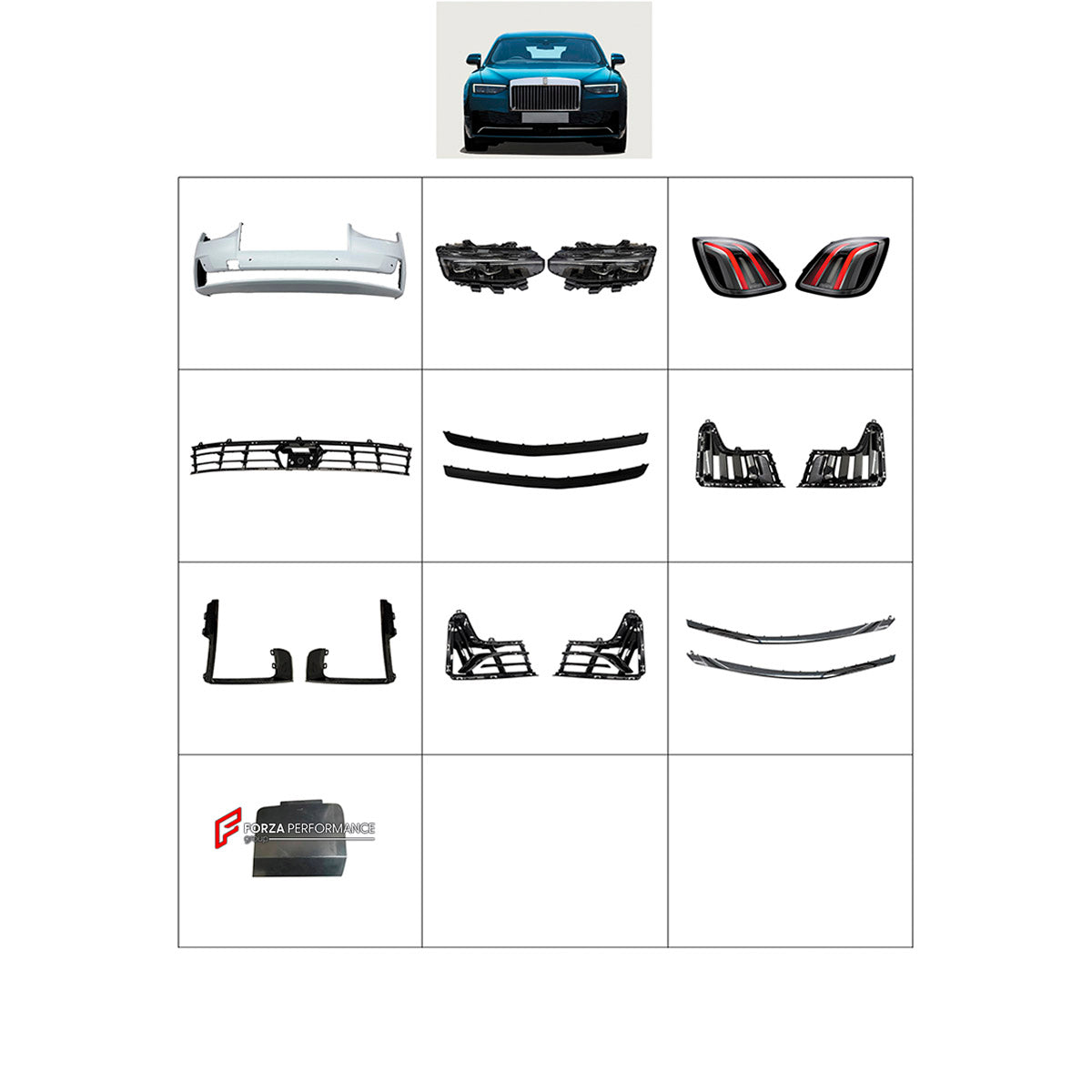 BODY KIT for Rolls-Royce Ghost 2025+
Set includes:

Front Bumper Assembly
Front Grille
Tail Lights
Material: Plastic

NOTE: Professional installation is required.