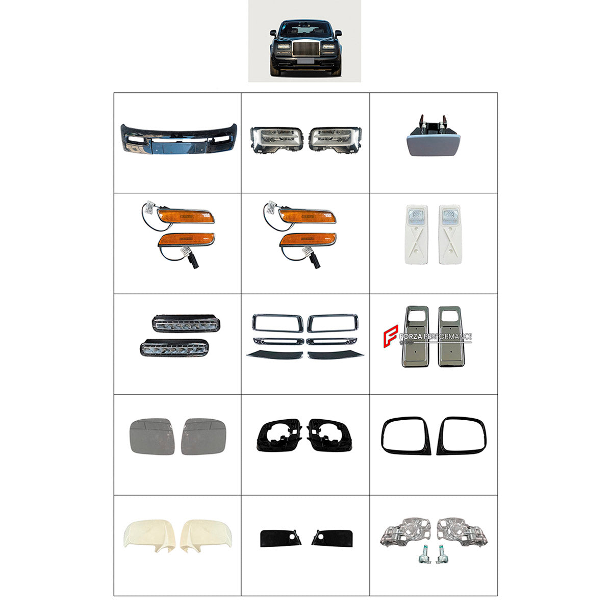 BODY KIT for Rolls-Royce Phantom 2013 - 2017
Set includes:

Front Bumper Assembly
Front Fender Lights
Side Mirror Covers
Rear Fender Lights
Material: Plastic

NOTE: Professional installation is required.