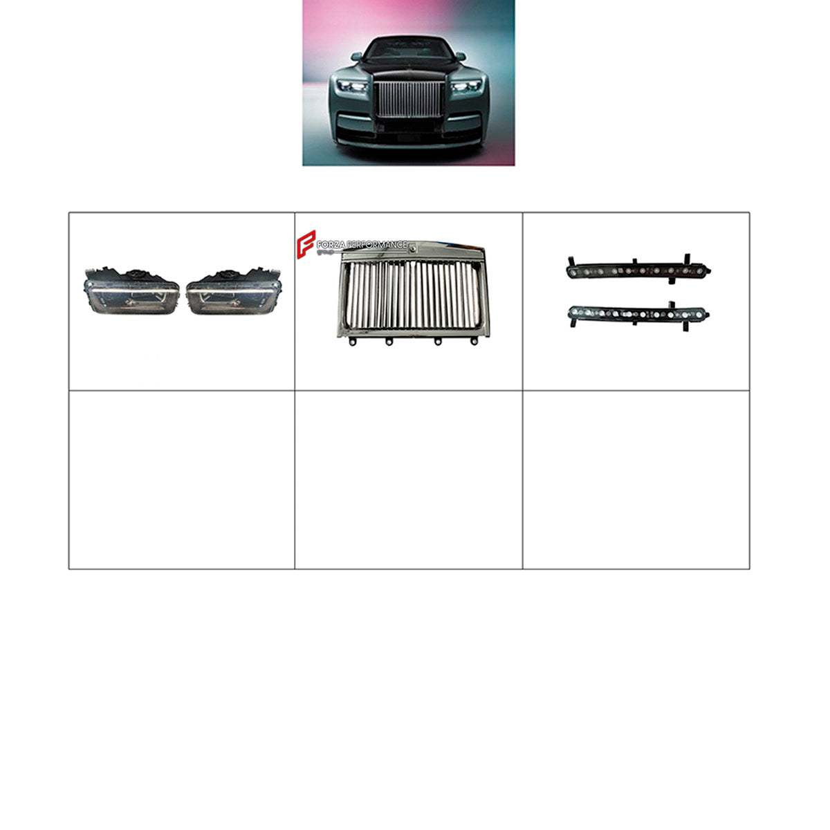 BODY KIT for Rolls-Royce Phantom 2024+
Set includes:

Front Headlights
Front Grille
Material: Plastic

NOTE: Professional installation is required.