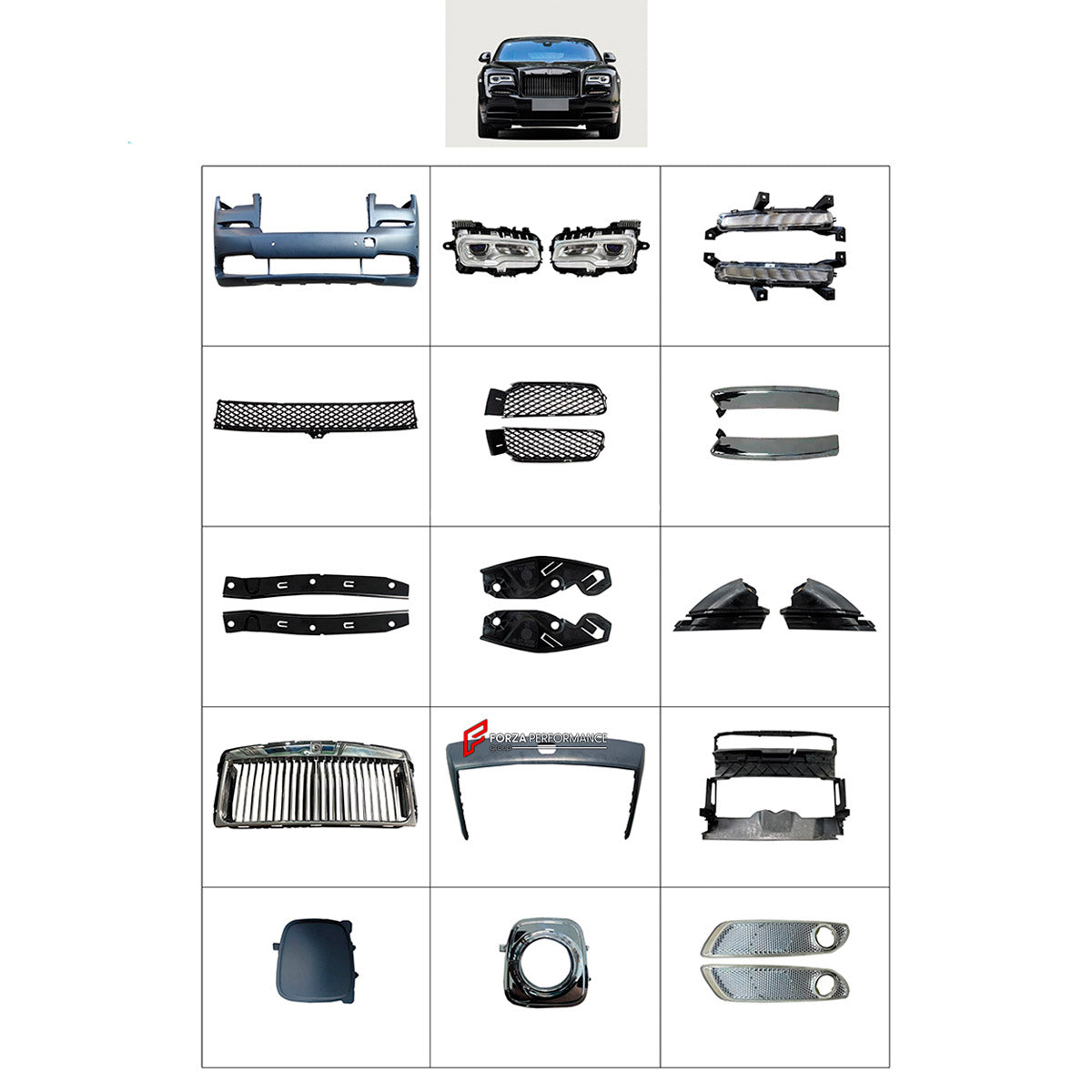 BODY KIT for Rolls-Royce Wraith 2018 - 2021
Set includes:

Front Bumper Assembly
Front Grille
Material: Plastic

NOTE: Professional installation is required.