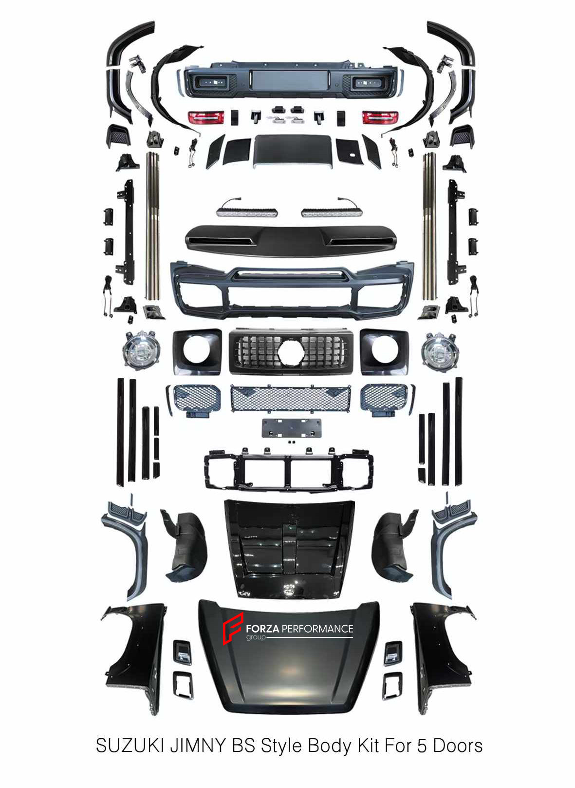 


BODY KIT for SUZUKI JIMNY JB64 2019

Set includes:

Hood
Front Grille
Front Bumper
Front Bumper Grille
Headlights
Headlight Covers
Turn Signals
Turn Signal Covers
Fender Flares
Roof LED Bar
Mirrors
Side Fenders
Side Skirts
Side Trims
Rear Bumper
Tail Lights
Spare Tire Cover
Note: Professional installation is required.







Contact us for pricing



Payment ►
Visa

Mastercard

PayPal with a credit card (add 4.4% at checkout)
Payoneer
Cryptocurrency
Shipment ►
By express DHL/UPS/TNT/FedEx
To the local in